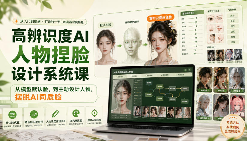 高辨识度AI人物捏脸设计系统课，从模型默认脸，到主动设计人物，摆脱AI同质脸-知行阁轻创网-分享网络赚钱项目-全网首发副业项目实操平台-副业创业项目网