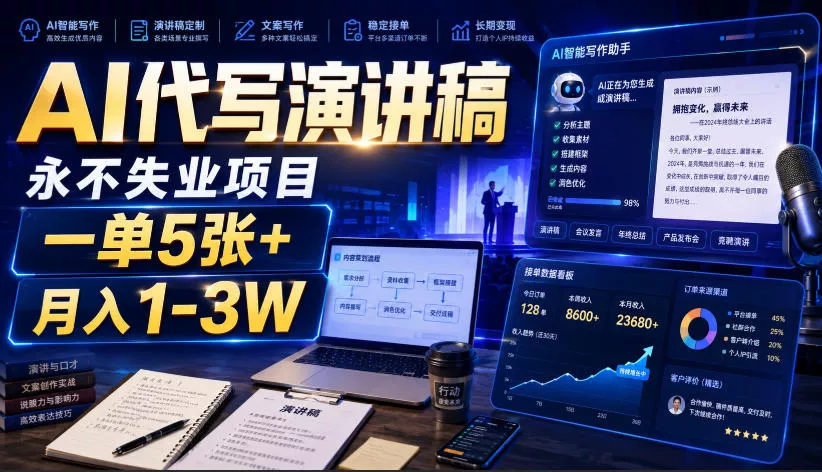 AI代写演讲稿,永不失业项目,一单5张+,月入1-3W【揭秘】-知行阁轻创网-分享网络赚钱项目-全网首发副业项目实操平台-副业创业项目网