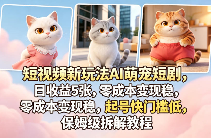 短视频新玩法AI萌宠短剧，日收益5张，零成本变现稳，起号快门槛低，保姆级拆解教程-知行阁轻创网-分享网络赚钱项目-全网首发副业项目实操平台-副业创业项目网