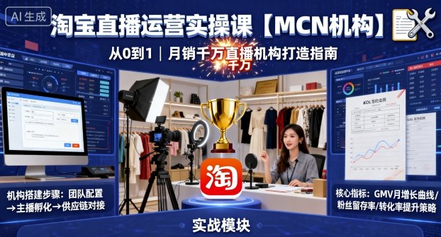 淘宝直播运营实操课【MCN机构】，从0到1做一家月销千W的直播机构-知行阁轻创网-分享网络赚钱项目-全网首发副业项目实操平台-副业创业项目网