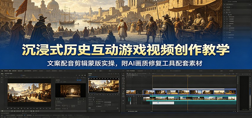 沉浸式历史互动游戏视频创作教学：文案配音剪辑蒙版实操，附AI画质修复工具配套素材-知行阁轻创网-分享网络赚钱项目-全网首发副业项目实操平台-副业创业项目网