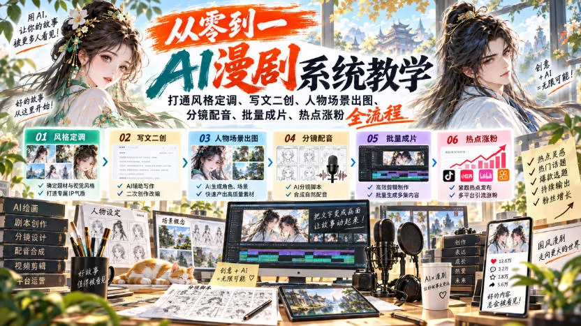 从零到一AI漫剧系统教学,打通风格定调、写文二创、人物场景出图、分镜配音、批量成片、热点涨粉全流程-知行阁轻创网-分享网络赚钱项目-全网首发副业项目实操平台-副业创业项目网