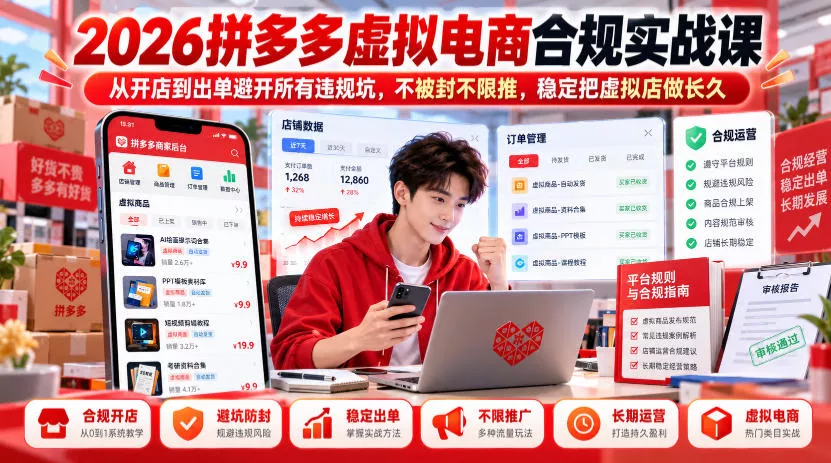 2026拼多多虚拟电商合规实战课，从开店到出单避开所有违规坑，不被封不限推，稳定把虚拟店做长久-知行阁轻创网-分享网络赚钱项目-全网首发副业项目实操平台-副业创业项目网