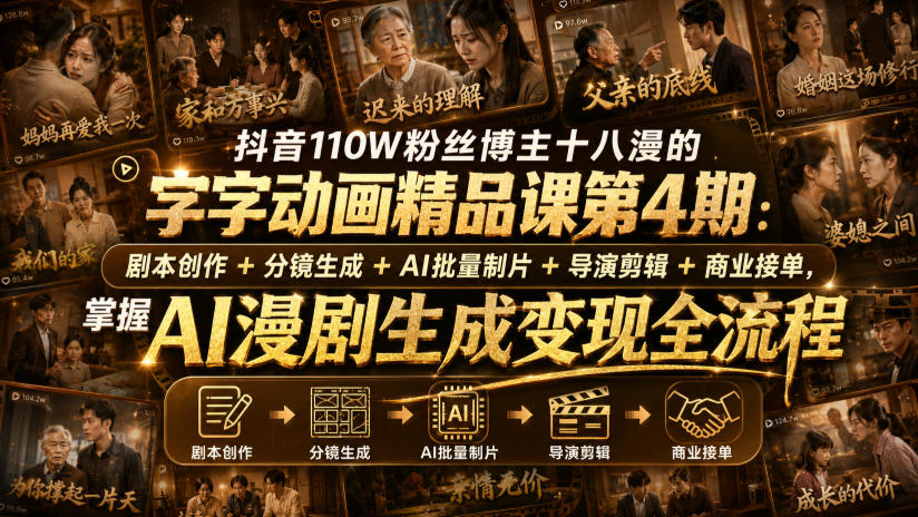 抖音110W粉丝博主十八漫的字字动画精品课第4期：剧本创作+分镜生成+剪辑+商业接单，掌握AI漫剧生成变现全流程-知行阁轻创网-分享网络赚钱项目-全网首发副业项目实操平台-副业创业项目网