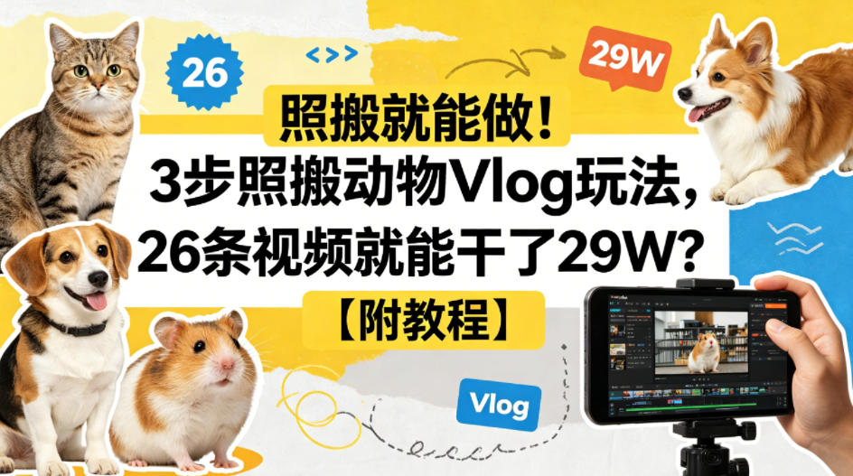照搬就能做！3步照搬动物Vlog玩法，26条视频就能干了29W？【附教程】【赠coze一键生成工作流】-知行阁轻创网-分享网络赚钱项目-全网首发副业项目实操平台-副业创业项目网