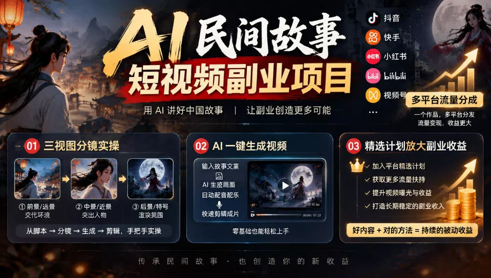 AI民间故事短视频副业项目，多平台流量分成，三视图分镜实操，精选计划放大副业收益-知行阁轻创网-分享网络赚钱项目-全网首发副业项目实操平台-副业创业项目网