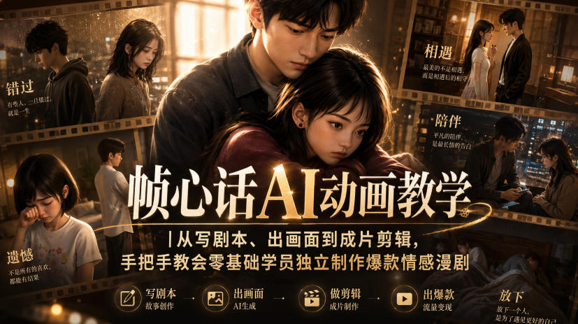 帧心话AI动画教学｜从写剧本、出画面到成片剪辑，手把手教会零基础学员独立制作爆款情感漫剧-知行阁轻创网-分享网络赚钱项目-全网首发副业项目实操平台-副业创业项目网