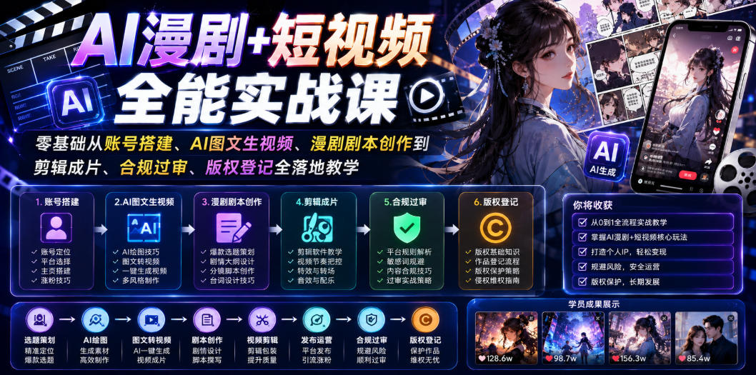 AI漫剧+短视频全能实战课｜零基础从账号搭建、AI图文生视频、漫剧剧本创作到剪辑成片、合规过审、版权登记全落地教学-知行阁轻创网-分享网络赚钱项目-全网首发副业项目实操平台-副业创业项目网