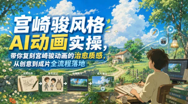 宫崎骏风格AI动画实操，带你复刻宫崎骏动画的治愈质感，从创意到成片全流程落地-知行阁轻创网-分享网络赚钱项目-全网首发副业项目实操平台-副业创业项目网