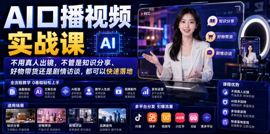 AI口播视频实战课，不用真人出镜，不管是知识分享、好物带货还是剧情访谈，都可以快速落地-知行阁轻创网-分享网络赚钱项目-全网首发副业项目实操平台-副业创业项目网