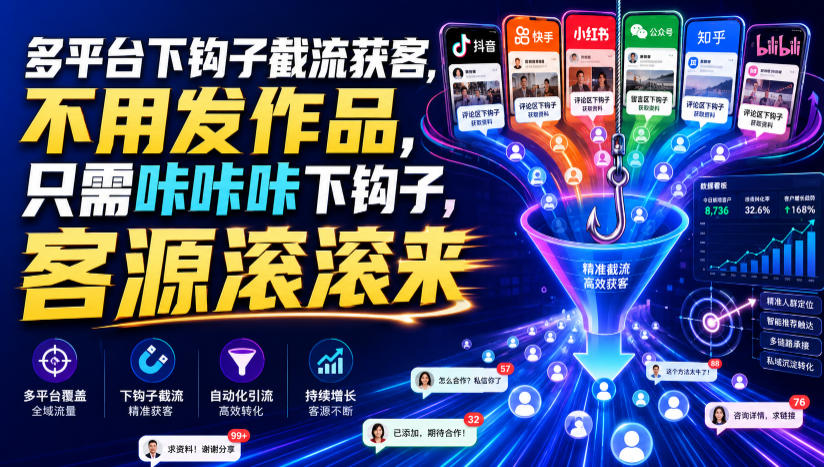 多平台下钩子截流获客，不用发作品，只需咔咔咔下钩子，客源滚滚来-知行阁轻创网-分享网络赚钱项目-全网首发副业项目实操平台-副业创业项目网