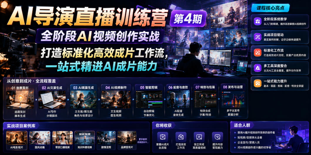 AI导演直播训练营第4期｜全阶段AI视频创作实战，打造标准化高效成片工作流，一站式精进AI成片能力-知行阁轻创网-分享网络赚钱项目-全网首发副业项目实操平台-副业创业项目网