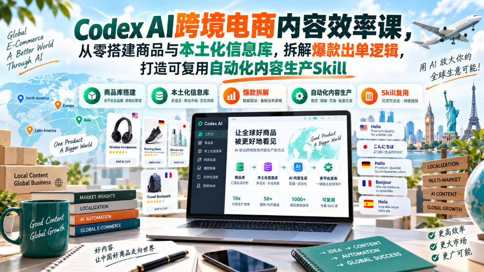 Codex AI跨境电商内容效率课，从零搭建商品与本土化信息库，拆解爆款出单逻辑，打造可复用自动化内容生产Skill-知行阁轻创网-分享网络赚钱项目-全网首发副业项目实操平台-副业创业项目网