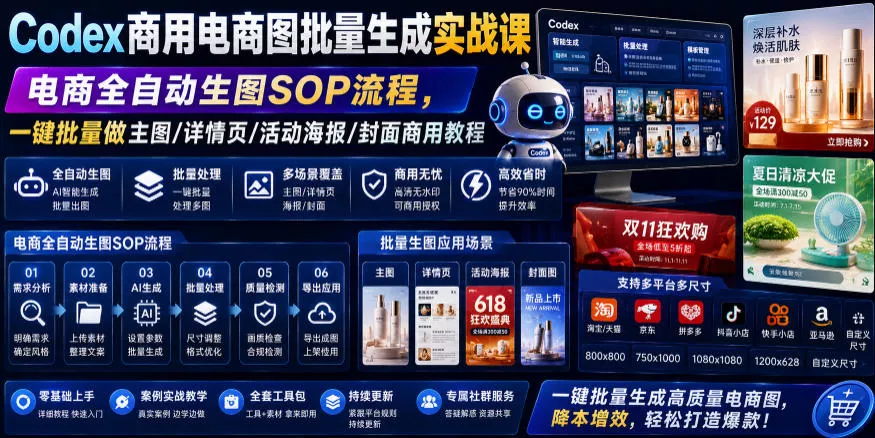 Codex商用电商图批量生成实战课｜电商全自动生图SOP流程，一键批量做主图/详情页/活动海报/封面商用教程-知行阁轻创网-分享网络赚钱项目-全网首发副业项目实操平台-副业创业项目网