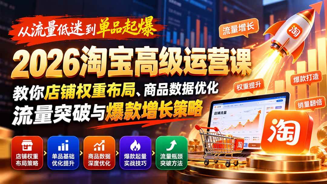 （20952期）从流量低迷到单品起爆：2026淘宝高级运营课教你店铺权重布局、商品数据优化、流量突破与爆款增长策略-知行阁轻创网-分享网络赚钱项目-全网首发副业项目实操平台-副业创业项目网