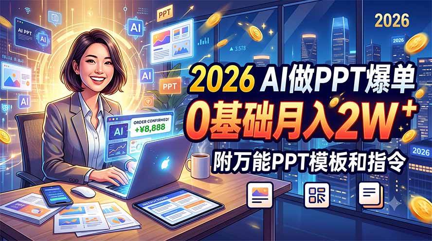 （19284期）2026 AI做PPT爆单，0基础月入2W，附万能PPT模板和指令-知行阁轻创网-分享网络赚钱项目-全网首发副业项目实操平台-副业创业项目网