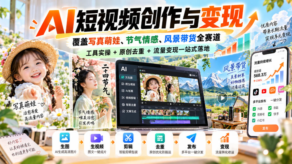 AI短视频创作与变现，覆盖写真萌娃、节气情感、风景带货全赛道，工具实操+原创去重+流量变现一站式落地-知行阁轻创网-分享网络赚钱项目-全网首发副业项目实操平台-副业创业项目网