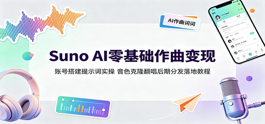 Suno AI零基础作曲变现:账号搭建提示词实操,音色克隆翻唱后期分发落地教程-知行阁轻创网-分享网络赚钱项目-全网首发副业项目实操平台-副业创业项目网