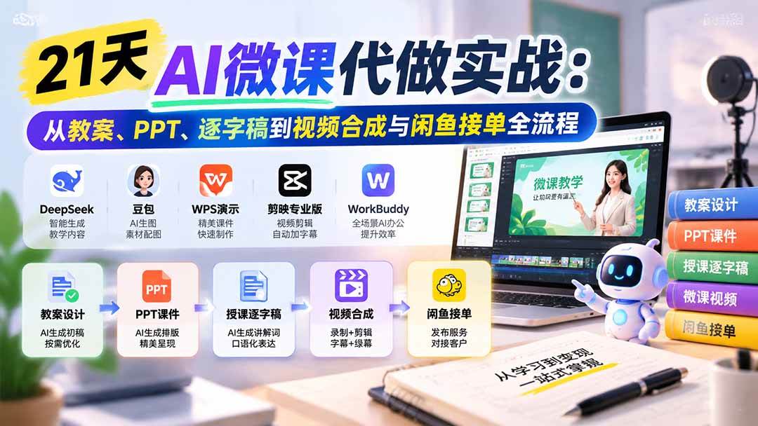（21065期）21天AI微课代做实战：从教案、PPT、逐字稿到视频合成与闲鱼接单全流程-知行阁轻创网-分享网络赚钱项目-全网首发副业项目实操平台-副业创业项目网