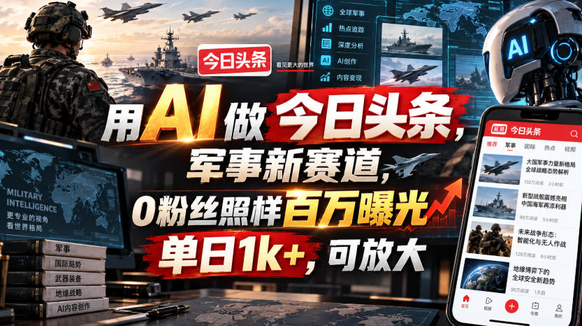 用AI做今日头条，军事新赛道，0粉丝照样百万曝光，单日1k+，可放大-知行阁轻创网-分享网络赚钱项目-全网首发副业项目实操平台-副业创业项目网