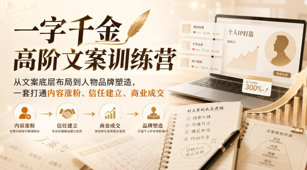 一字千金高阶文案训练营，从文案底层布局到人物品牌塑造，一套打通内容涨粉、信任建立、商业成交-知行阁轻创网-分享网络赚钱项目-全网首发副业项目实操平台-副业创业项目网