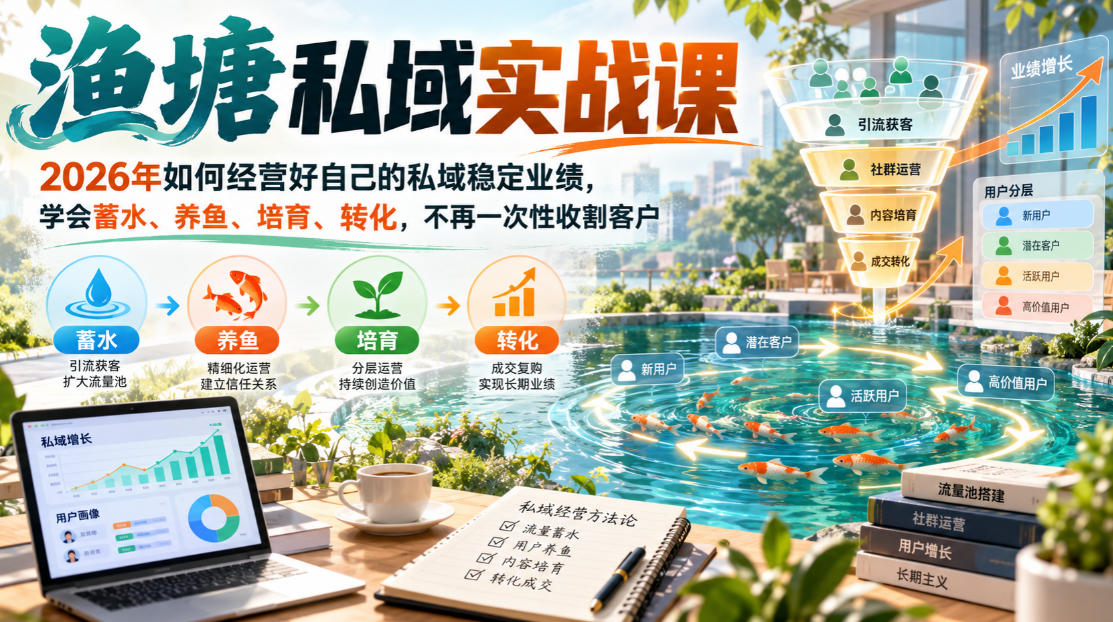 渔塘私域实战课，2026年如何经营好自己的私域稳定业绩，学会蓄水、养鱼、培育、转化，不再一次性收割客户-知行阁轻创网-分享网络赚钱项目-全网首发副业项目实操平台-副业创业项目网
