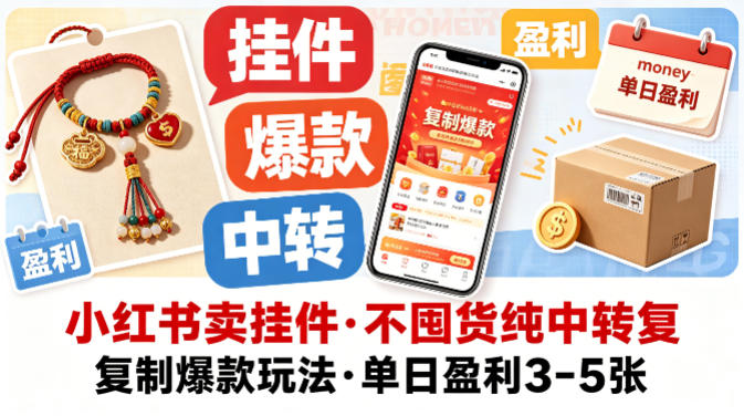 小红书卖挂件，不囤货纯中转复制爆款玩法，单日盈利3-5张-知行阁轻创网-分享网络赚钱项目-全网首发副业项目实操平台-副业创业项目网