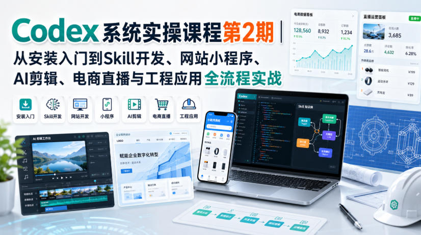 Codex系统实操课程第2期｜从安装入门到Skill开发、网站小程序、AI剪辑、电商直播与工程应用全流程实战-知行阁轻创网-分享网络赚钱项目-全网首发副业项目实操平台-副业创业项目网