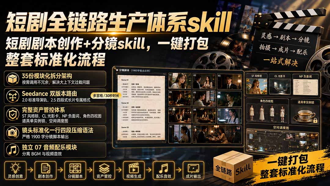 短剧全链路生产体系skill，短剧剧本创作+分镜skill，一键打包，整套标准化流程-知行阁轻创网-分享网络赚钱项目-全网首发副业项目实操平台-副业创业项目网