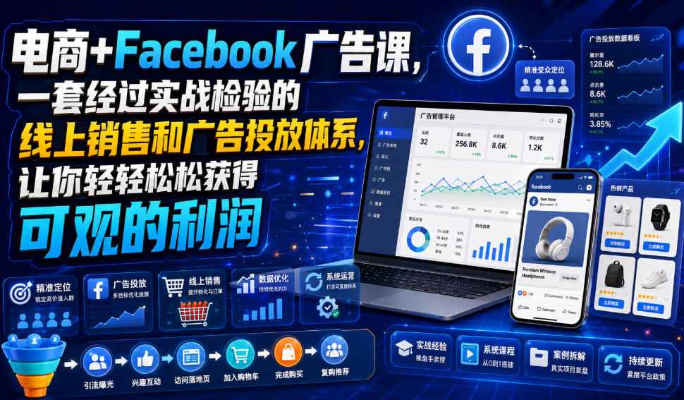 电商+Facebook广告课，一套经过实战检验的线上销售和广告投放体系，让你轻轻松松获得可观的利润【原创双语字幕】-知行阁轻创网-分享网络赚钱项目-全网首发副业项目实操平台-副业创业项目网