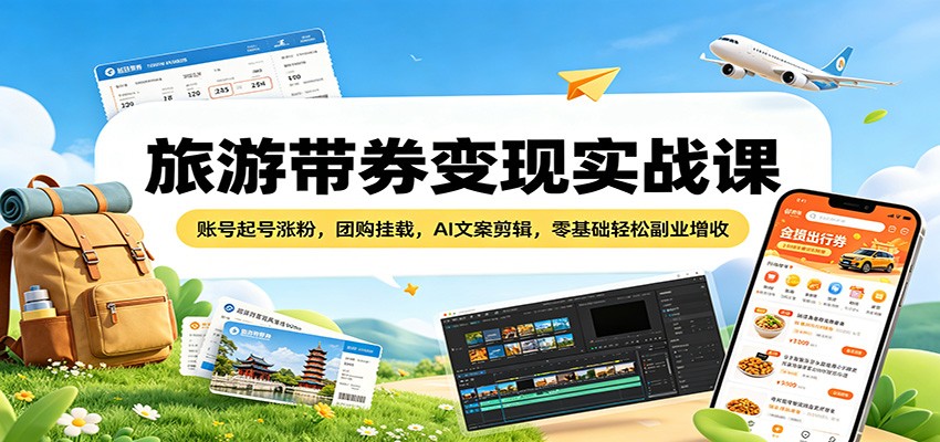 旅游带券变现实战课：账号起号涨粉，团购挂载，AI文案剪辑，零基础轻松副业增收-知行阁轻创网-分享网络赚钱项目-全网首发副业项目实操平台-副业创业项目网