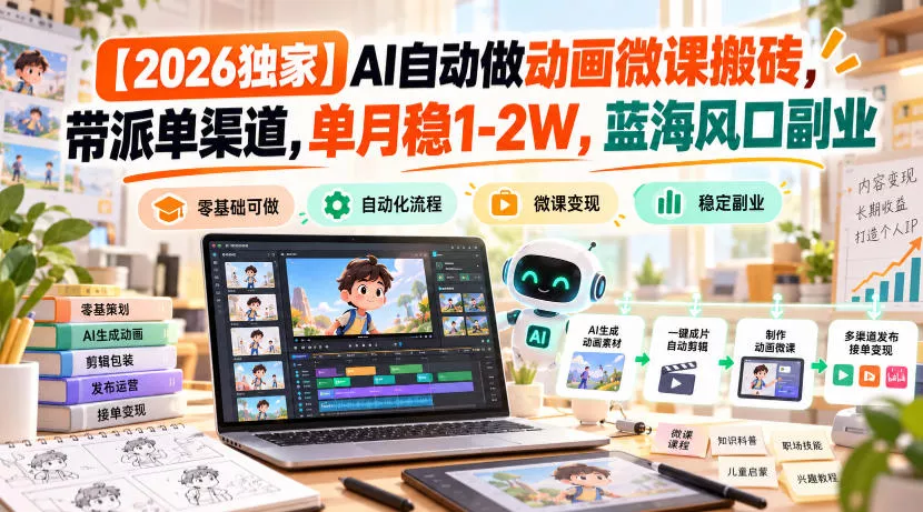 【2026独家】AI自动做动画微课搬砖，带派单渠道，单月稳1-2W，蓝海风口副业【揭秘】-知行阁轻创网-分享网络赚钱项目-全网首发副业项目实操平台-副业创业项目网