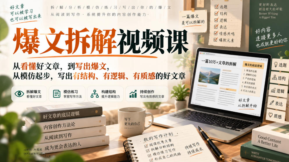 爆文拆解视频课，从看懂好文章，到写出爆文，从模仿起步，写出有结构、有逻辑、有质感的好文章-知行阁轻创网-分享网络赚钱项目-全网首发副业项目实操平台-副业创业项目网