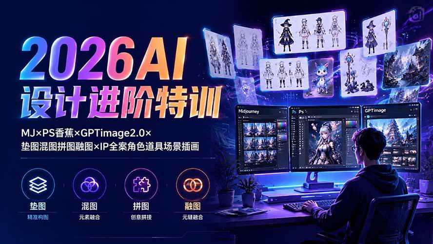 （19569期）2026AI设计进阶特训：MJ×PS香蕉×GPTimage2.0×垫图混图拼图融图×IP全案角色道具场景插画-知行阁轻创网-分享网络赚钱项目-全网首发副业项目实操平台-副业创业项目网