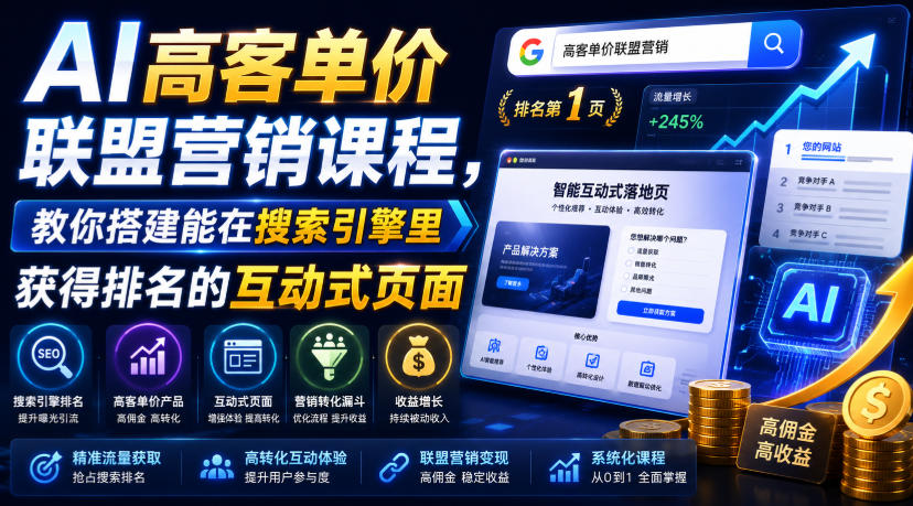AI高客单价联盟营销课程，教你搭建能在搜索引擎里获得排名的互动式页面，引来流量，把访客转化为高佣金的成交【原创双语字幕】-知行阁轻创网-分享网络赚钱项目-全网首发副业项目实操平台-副业创业项目网