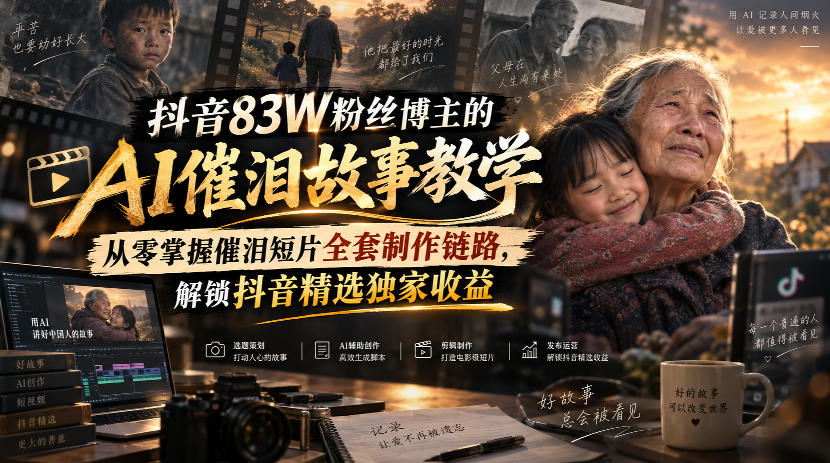 抖音83W粉丝博主的AI催泪故事教学，从零掌握催泪短片全套制作链路，解锁抖音精选独家收益-知行阁轻创网-分享网络赚钱项目-全网首发副业项目实操平台-副业创业项目网