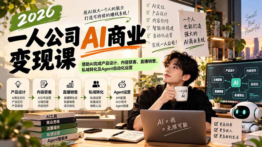 （20901期）2026一人公司AI商业变现课：借助AI完成产品设计、内容获客、直播销售、私域转化及Agent自动化运营-知行阁轻创网-分享网络赚钱项目-全网首发副业项目实操平台-副业创业项目网