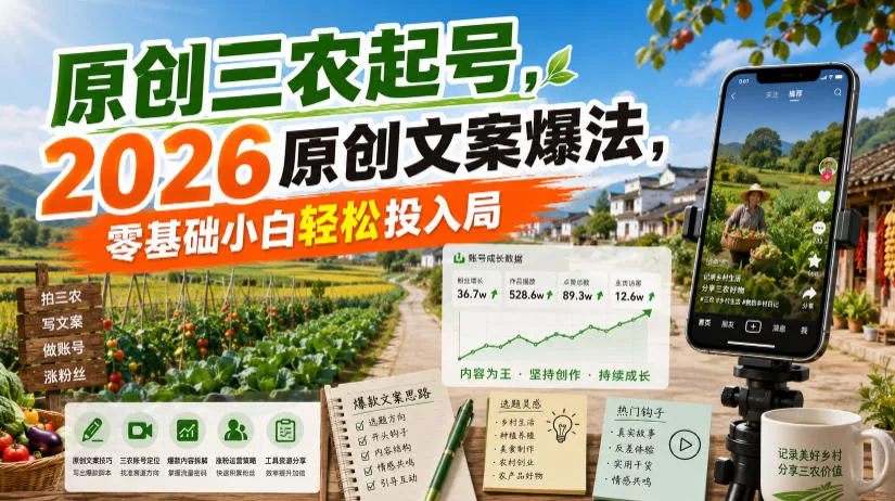 原创三农起号，2026原创文案爆法，零基础小白轻松投入局-知行阁轻创网-分享网络赚钱项目-全网首发副业项目实操平台-副业创业项目网