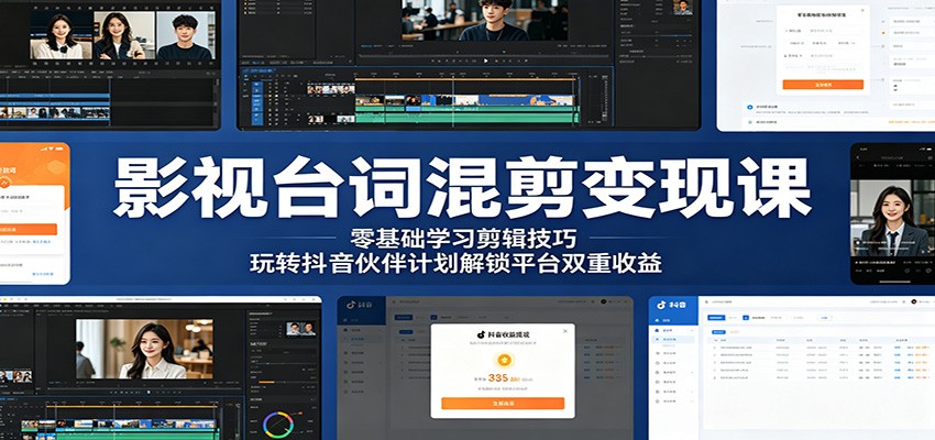 影视台词混剪变现课：零基础学习剪辑技巧，玩转抖音伙伴计划解锁平台双重收益-知行阁轻创网-分享网络赚钱项目-全网首发副业项目实操平台-副业创业项目网