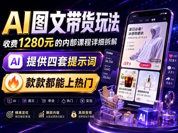 AI图文带货内部玩法，1280内部课程对外系统拆解，看完直接上手变现！-知行阁轻创网-分享网络赚钱项目-全网首发副业项目实操平台-副业创业项目网