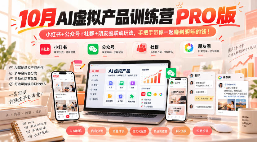 10月AI虚拟产品训练营PRO版，小红书+公众号+社群+朋友圈联动玩法，手把手带你一起赚到明年的钱！-知行阁轻创网-分享网络赚钱项目-全网首发副业项目实操平台-副业创业项目网