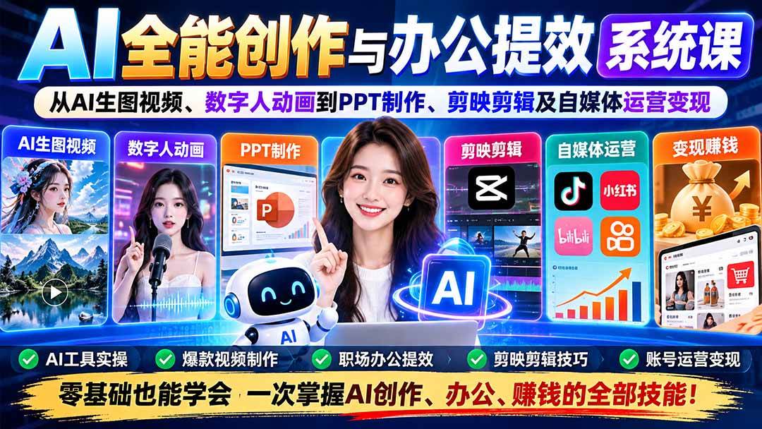 （20885期）AI全能创作与办公提效系统课：从AI生图视频、数字人动画到PPT制作、剪映剪辑及自媒体运营变现-知行阁轻创网-分享网络赚钱项目-全网首发副业项目实操平台-副业创业项目网
