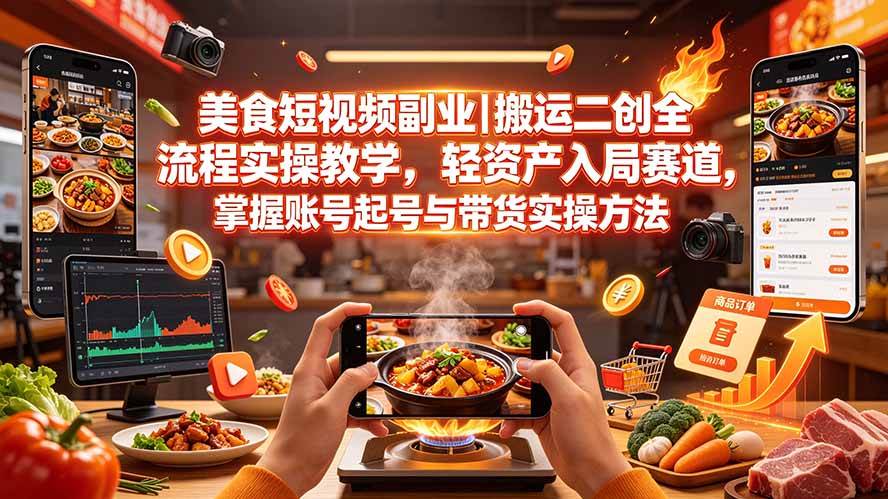 （19535期）美食短视频副业｜搬运二创全流程实操教学，轻资产入局赛道，掌握账号起号与带货实操方法-知行阁轻创网-分享网络赚钱项目-全网首发副业项目实操平台-副业创业项目网