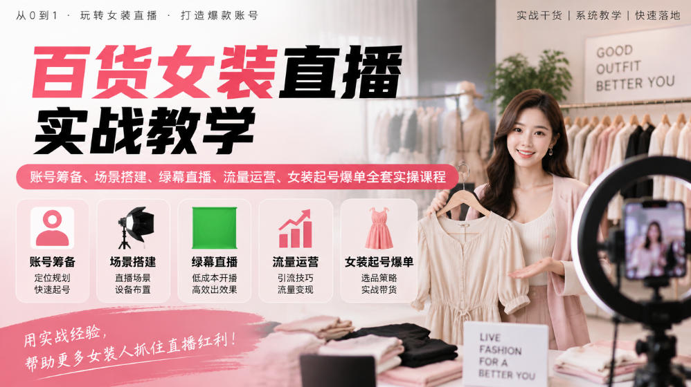 百货女装直播实战教学｜账号筹备、场景搭建、绿幕直播、流量运营、女装起号爆单全套实操课程-知行阁轻创网-分享网络赚钱项目-全网首发副业项目实操平台-副业创业项目网