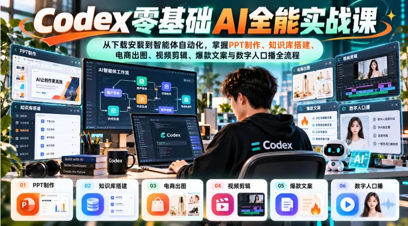 Codex零基础AI全能实战课：从下载安装到智能体自动化，掌握知识库搭建、电商出图、视频剪辑、爆款文案与数字人口播全流程-知行阁轻创网-分享网络赚钱项目-全网首发副业项目实操平台-副业创业项目网