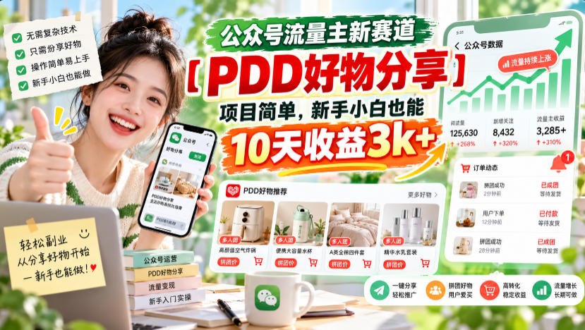 公众号流量主新赛道【PDD好物分享】，项目简单，新手小白也能10天收益3k+-知行阁轻创网-分享网络赚钱项目-全网首发副业项目实操平台-副业创业项目网