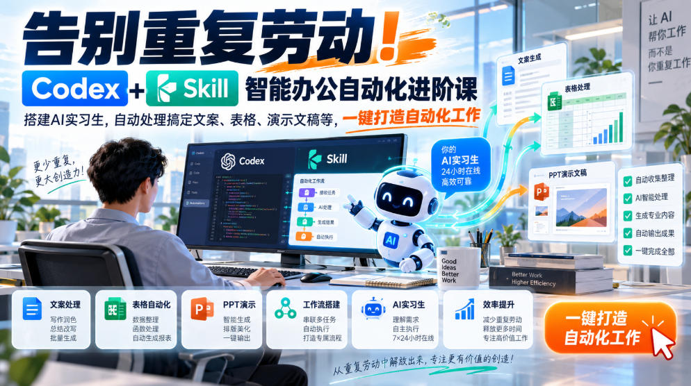 告别重复劳动！Codex+Skill智能办公自动化进阶课｜搭建AI实习生，自动处理搞定文案、表格、演示文稿等，一键打造自动化工作-知行阁轻创网-分享网络赚钱项目-全网首发副业项目实操平台-副业创业项目网
