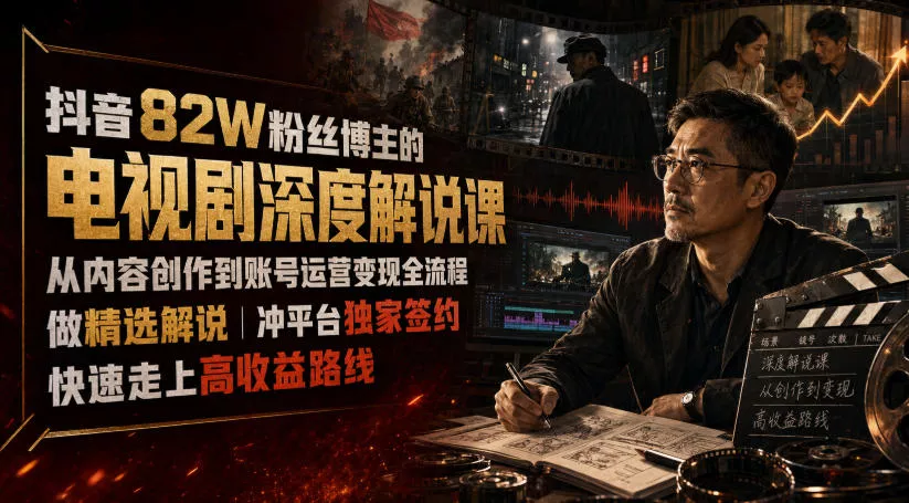 抖音82W粉丝博主的电视剧深度解说课,从内容创作到账号运营变现全流程,做精选解说,冲平台独家签约,快速走上高收益路线-知行阁轻创网-分享网络赚钱项目-全网首发副业项目实操平台-副业创业项目网