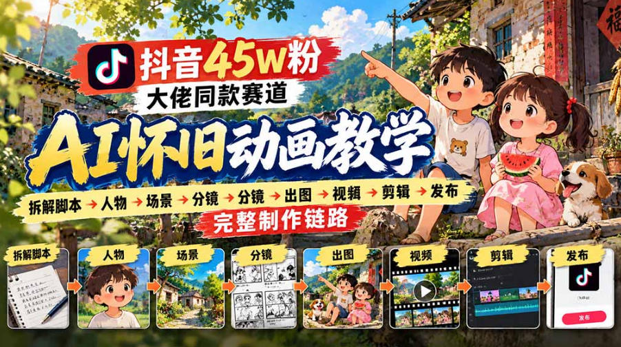 抖音45W粉大佬同款赛道AI怀旧动画实战课：拆解脚本→人物→场景→分镜→出图→视频→剪辑→发布完整制作链路-知行阁轻创网-分享网络赚钱项目-全网首发副业项目实操平台-副业创业项目网