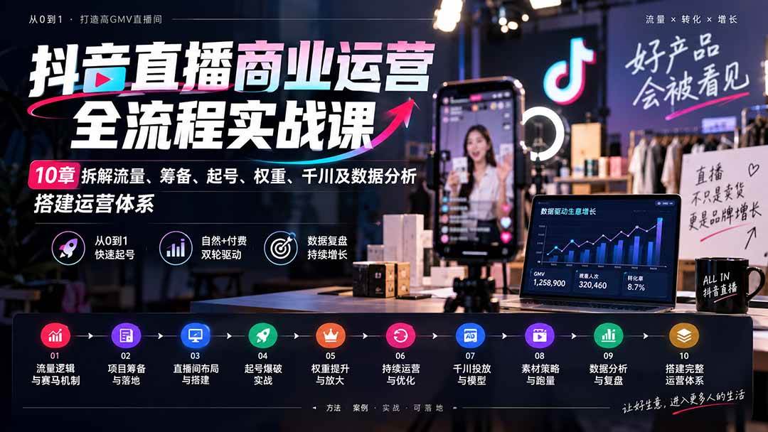 （20407期）抖音直播商业运营全流程实战课：10章拆解流量、筹备、起号、权重、千川及数据分析，搭建运营体系-知行阁轻创网-分享网络赚钱项目-全网首发副业项目实操平台-副业创业项目网